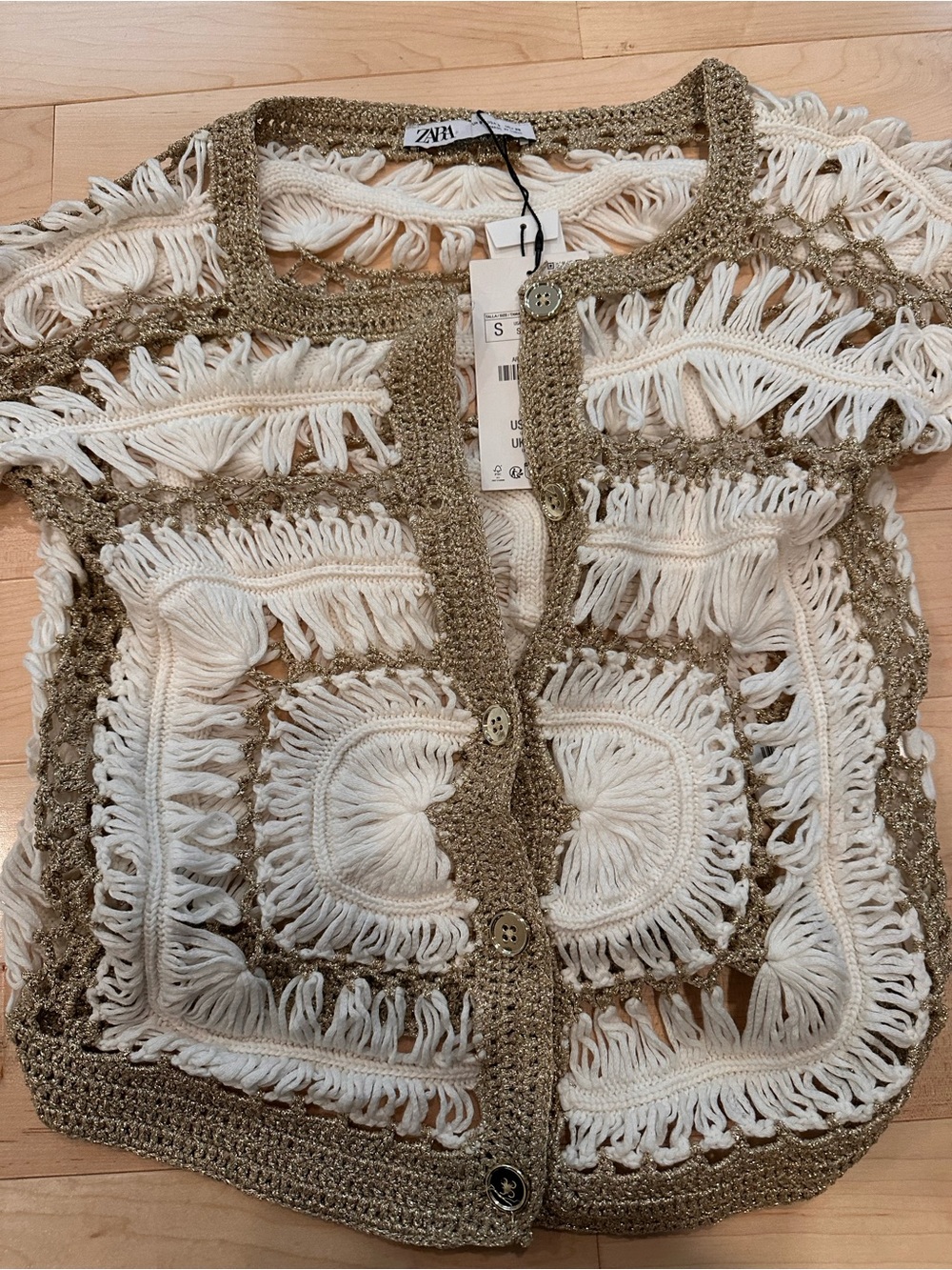 Zara Cream Crochet Fringe Cardigan with Gold Trim